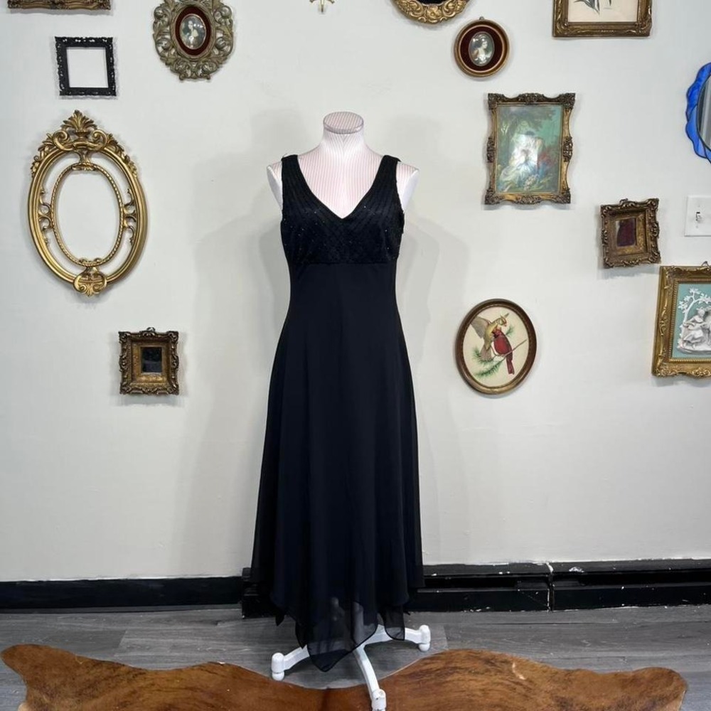 Vintage Y2K Evan-Picone Black Chiffon Midi Dress